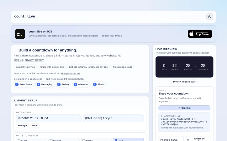 Preview of count.live — Free shareable countdown timer for any date