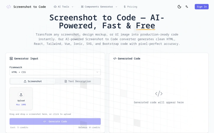 Preview of Screenshot to Code
