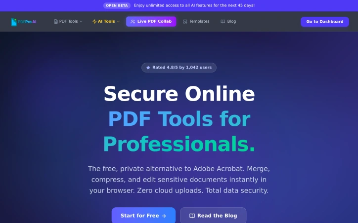 Preview of PDF Pro AI | Free, fast & private PDF tools — no signup, no limits.