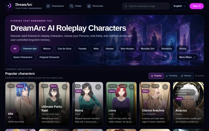 Preview of DreamArc AI Roleplay Characters 