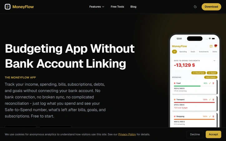 Preview of MoneyFlow: No bank login